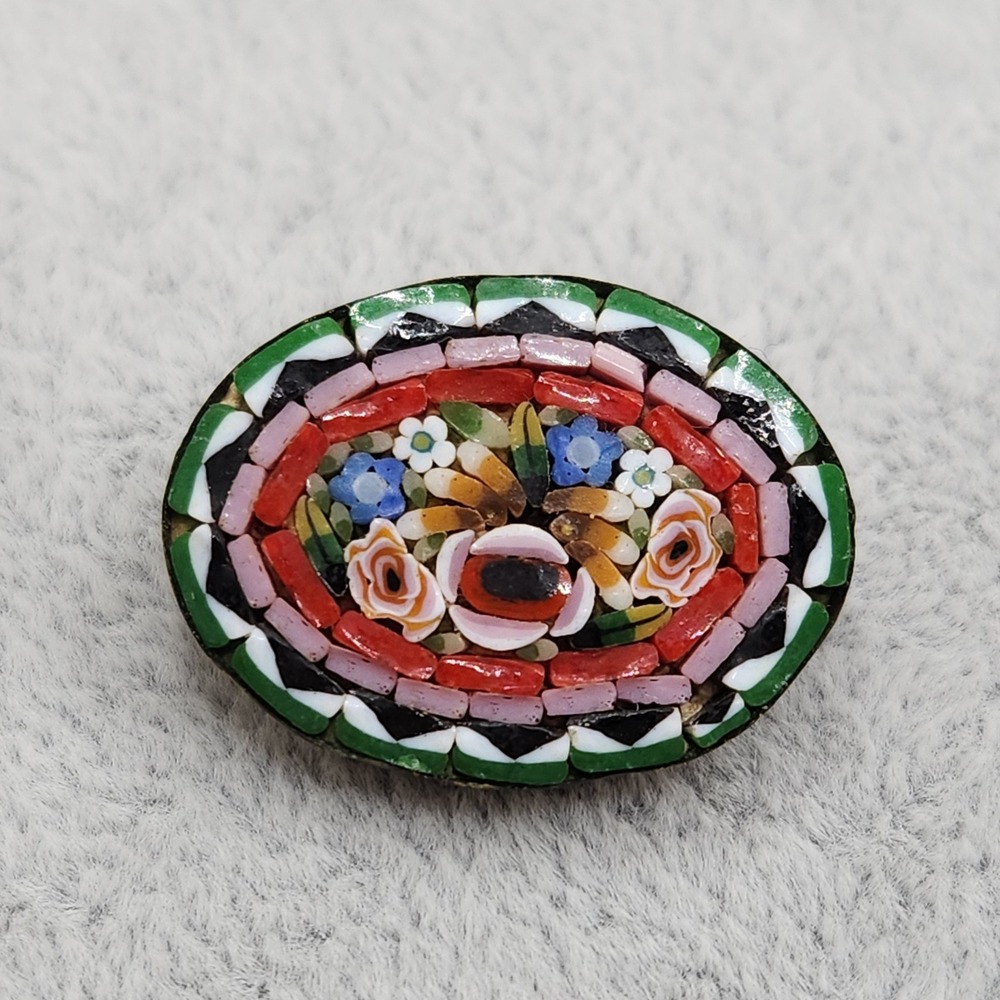 Vintage‎ Micro Mosaic Floral Brooch Made in Italy Oval Millefiori Glass Pin